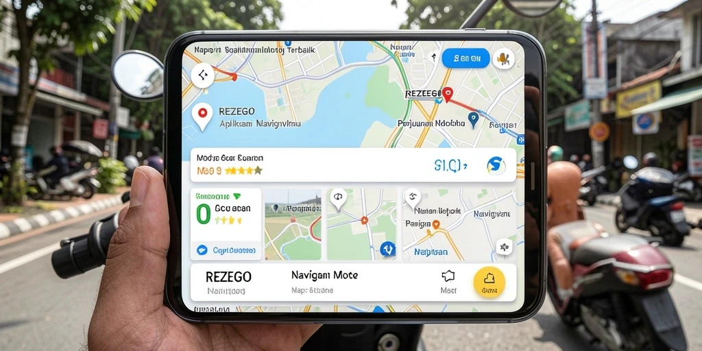 Antarmuka pengguna REZEGO untuk navigasi motor yang jelas dan informatif.